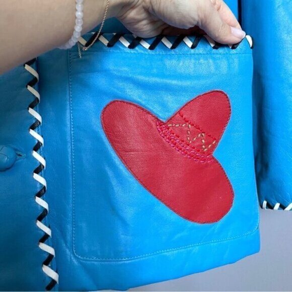 Vintage 80s Hannah Pang Blue Patchwork Leather Southwestern Jacket - M/L - Picture 6 of 14